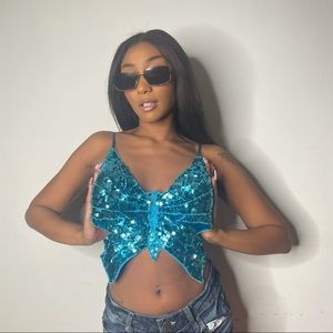 Y2k Butterfly Sequin Lace Up Halter Top